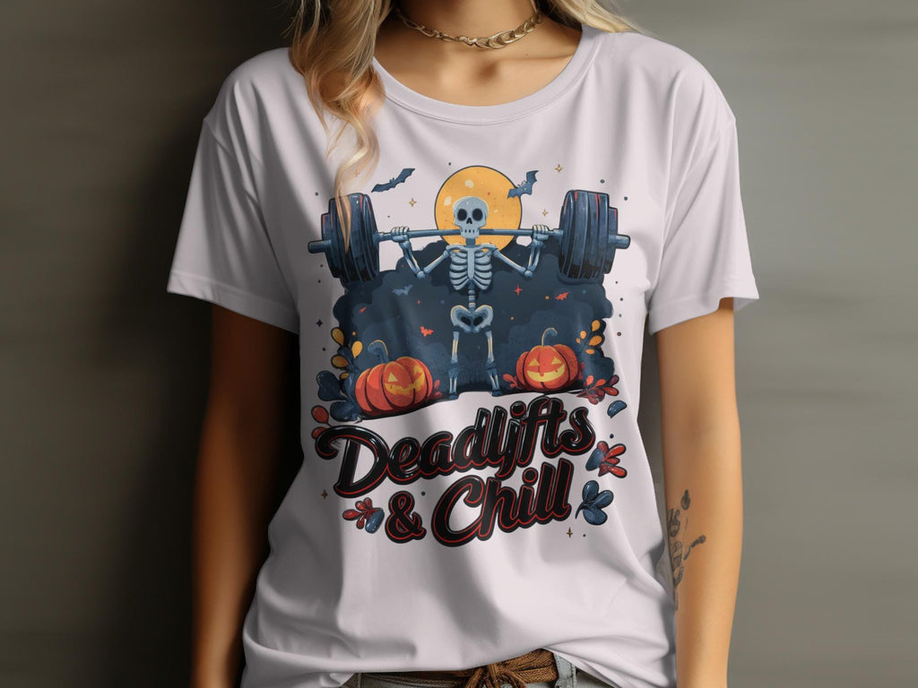 Deadlifts and Chill Halloween Shirt, Skeleton Lifting Weights T-Shirt, Funny Gym Workout Tee, Spooky Fitness Apparel