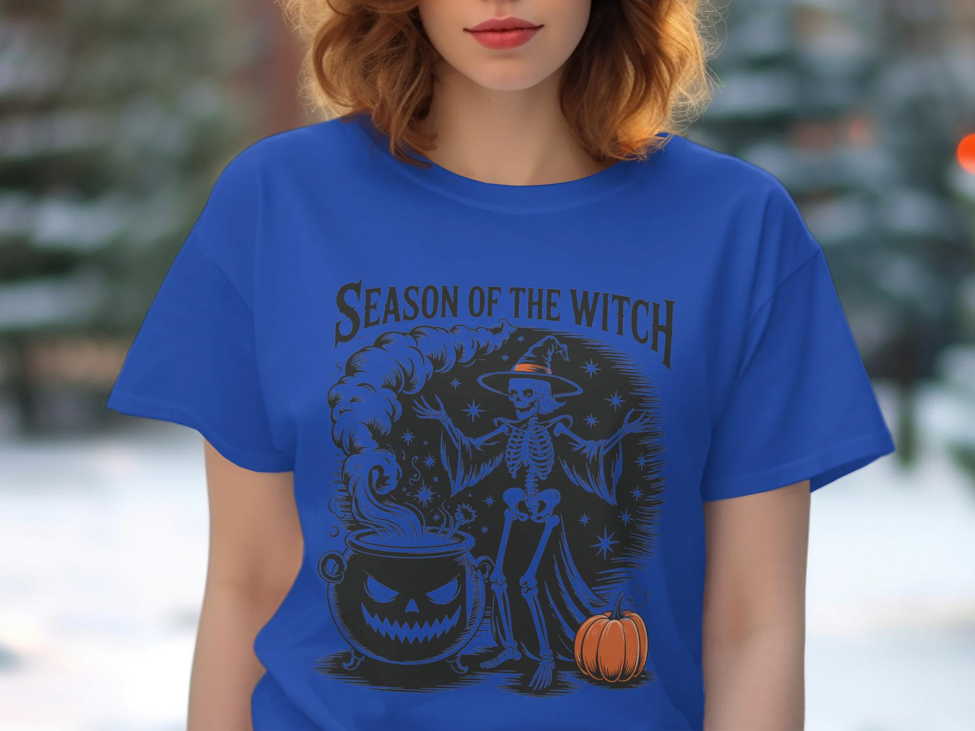 Season of the Witch Skeleton Shirt, Halloween Skeleton Witch Cauldron Tee, Spooky Season Pumpkin Graphic TShirt