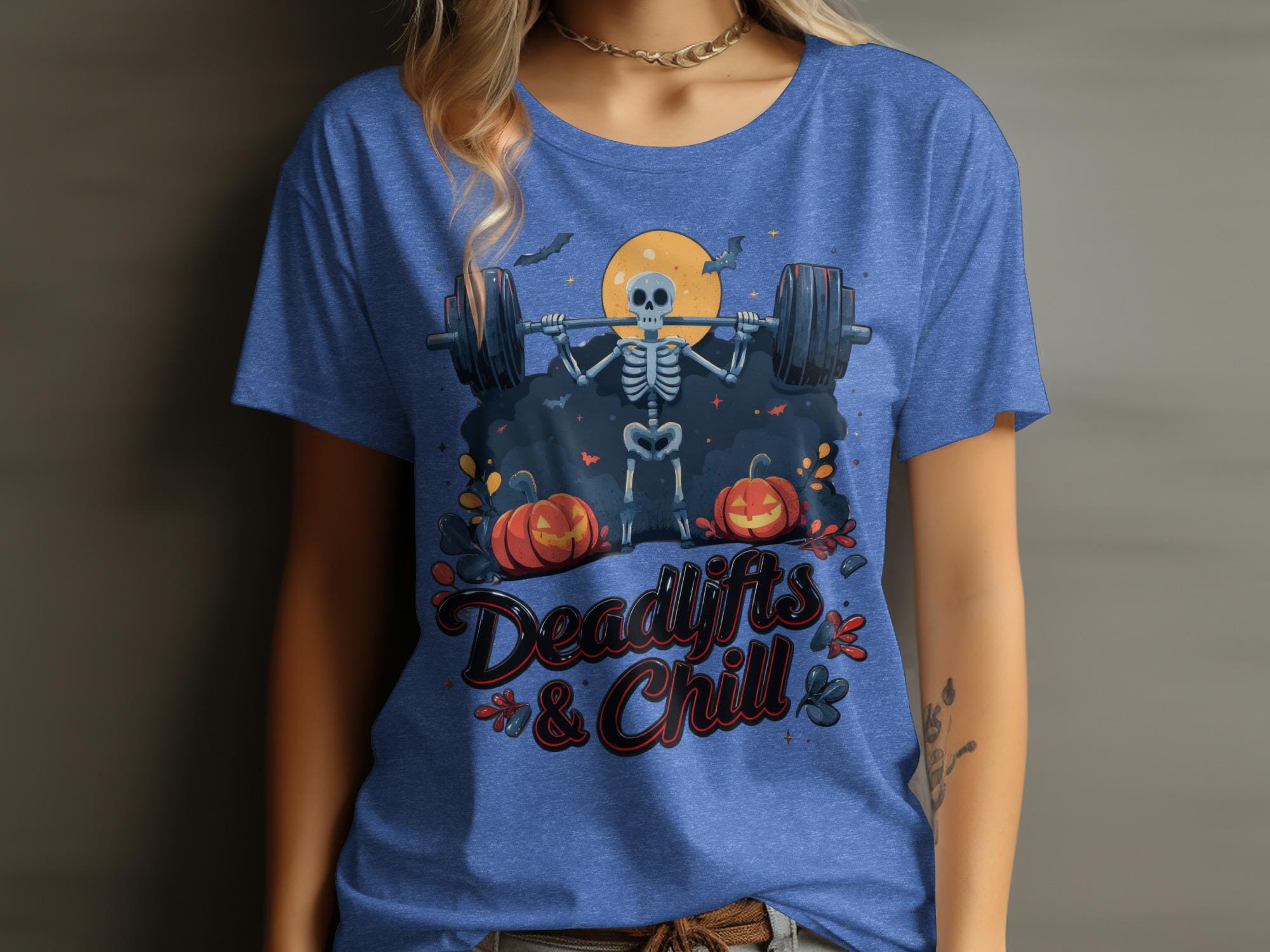 Deadlifts and Chill Halloween Shirt, Skeleton Weightlifting Tee, Funny Gym Workout Top, Cute Spooky Fitness Apparel