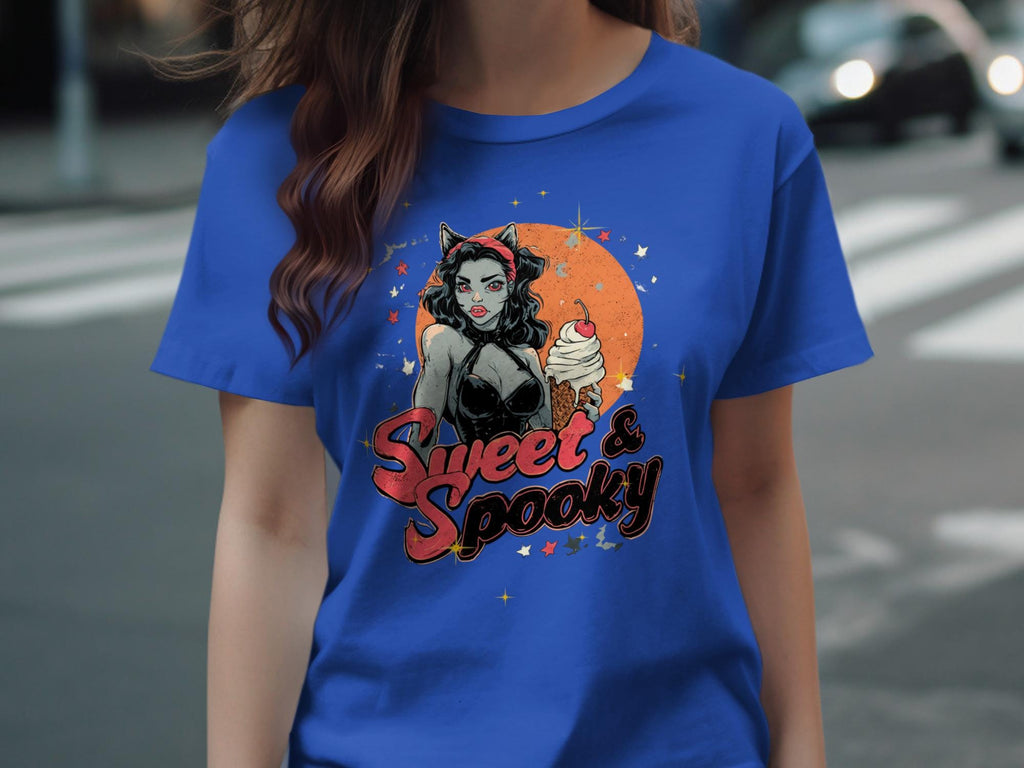 Sweet and Spooky Cat Woman Graphic Tee, Halloween Themed T-Shirt, Cute and Scary Design, Retro Style Halloween Clothing