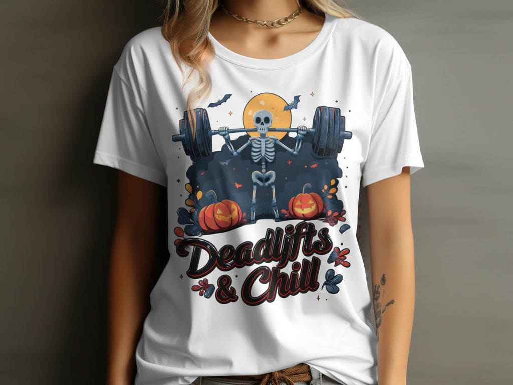Deadlifts and Chill Halloween Tee, Workout Skeleton Shirt, Fitness Gym Graphic Tee, Funny Halloween Lifting Shirt, Spooky Gym Apparel