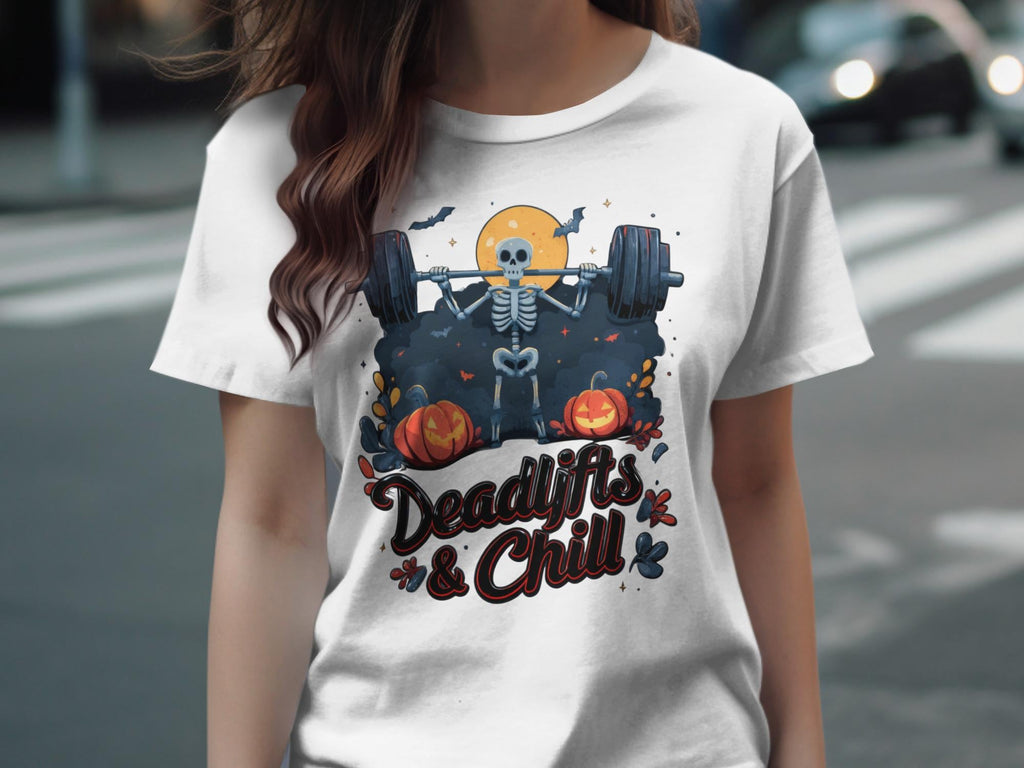 Halloween Deadlifts and Chill Shirt, Funny Fitness Skeleton Tee, Spooky Gym Workout T-Shirt, Pumpkin Weightlifting Top