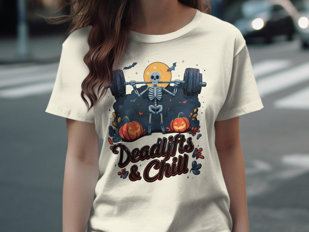 Deadlifts and Chill Halloween Shirt, Funny Skeleton Weightlifting Tee, Spooky Gym Graphic T-Shirt, Workout Humor Apparel