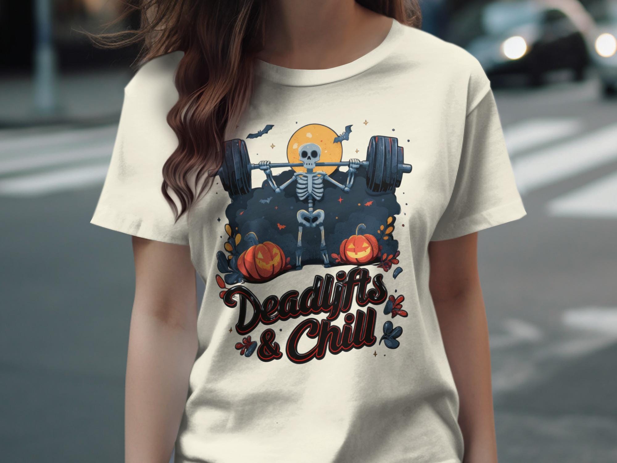Deadlifts and Chill Halloween Shirt, Funny Skeleton Weightlifting Tee, Spooky Gym Graphic T-Shirt, Workout Humor Apparel