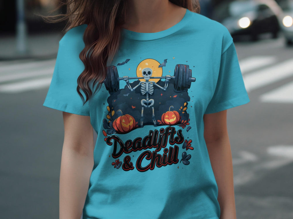 Deadlifts and Chill Halloween Gym Shirt, Skeleton Weightlifting Tee, Funny Spooky Workout Top, Halloween Fitness Apparel