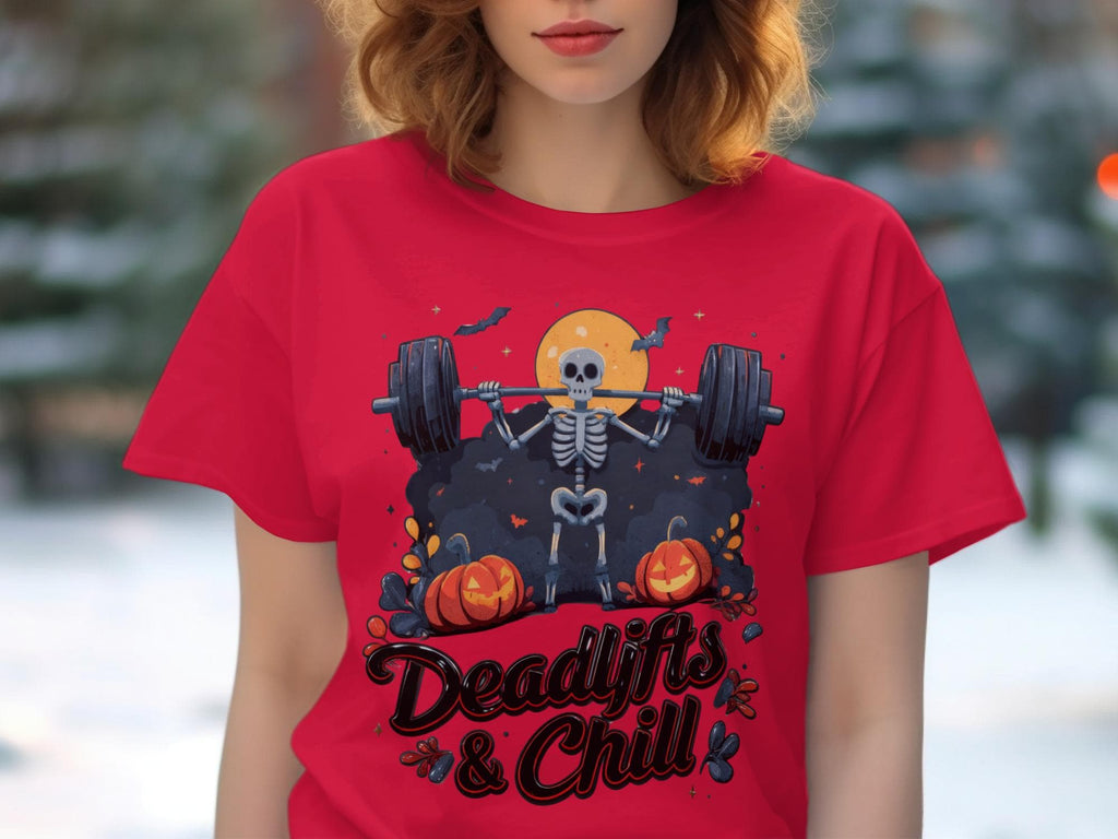 Deadlifts and Chill Shirt, Funny Workout Tee, Halloween Gym Shirt, Skeleton Weightlifting Top, Fitness Lover Gift