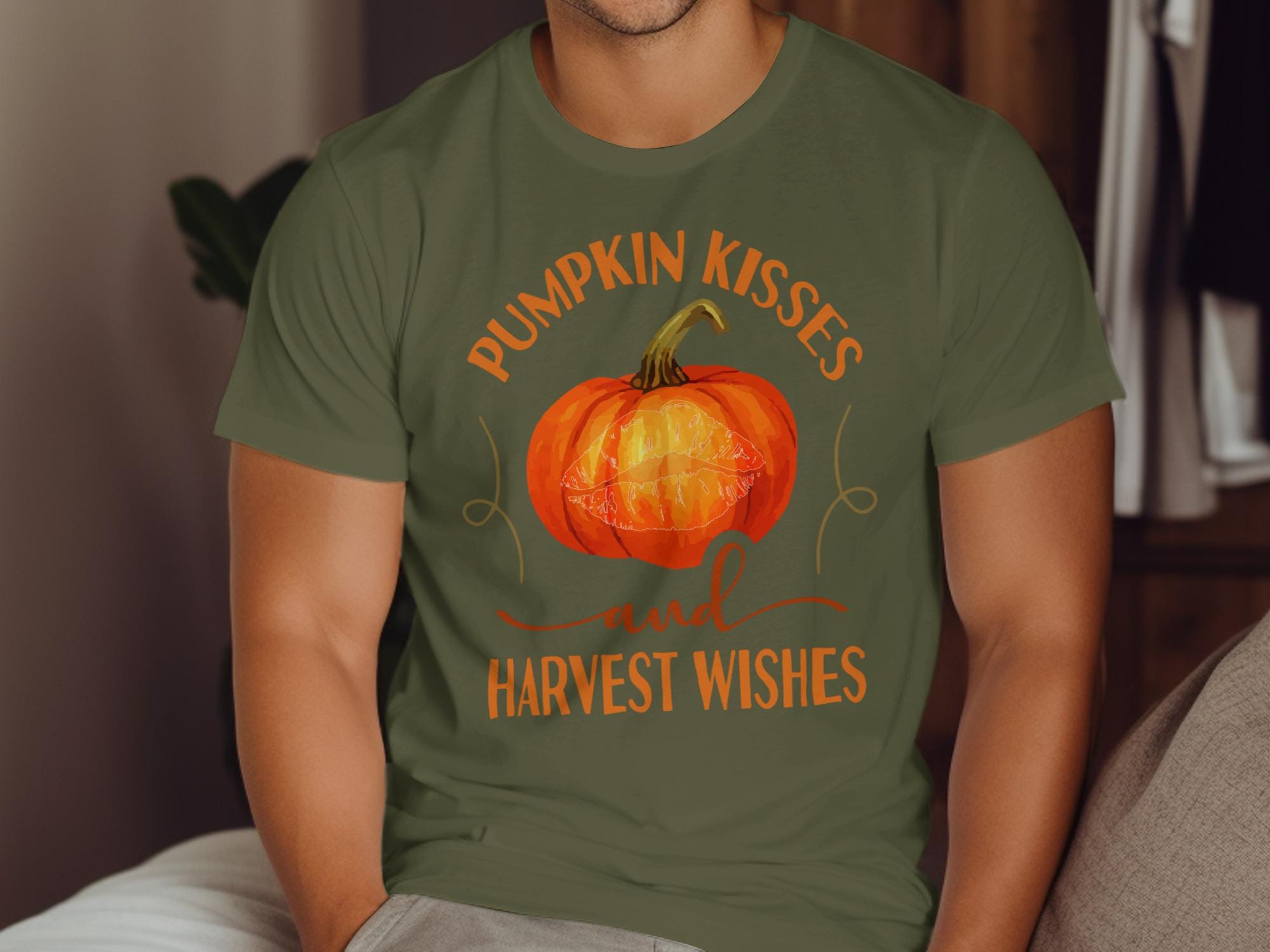 Pumpkin Kisses and Harvest Wishes Shirt, Fall Fashion, Autumn Graphic Tee, Thanksgiving Outfit, Seasonal Apparel for Men