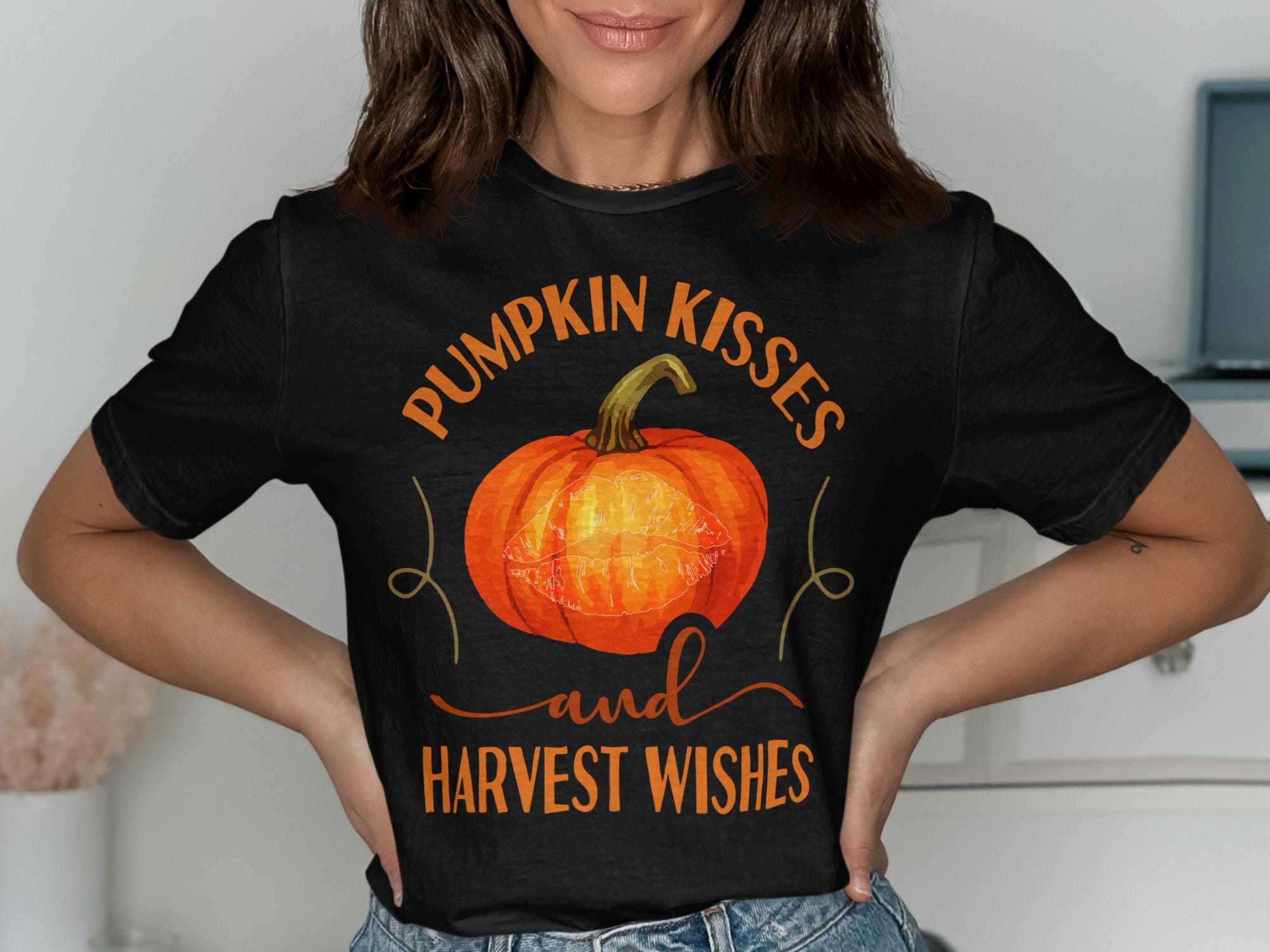 Pumpkin Kisses and Harvest Wishes Shirt, Fall Pumpkin Graphic Tee, Thanksgiving Shirt, Autumn Apparel, Cute Pumpkin Top