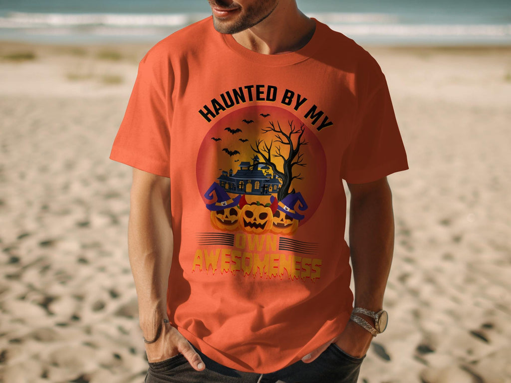 Haunted By My Own Awesomeness T-Shirt, Halloween Graphic Tee, Scary House and Pumpkins Design, Fun Spooky Holiday Clothing