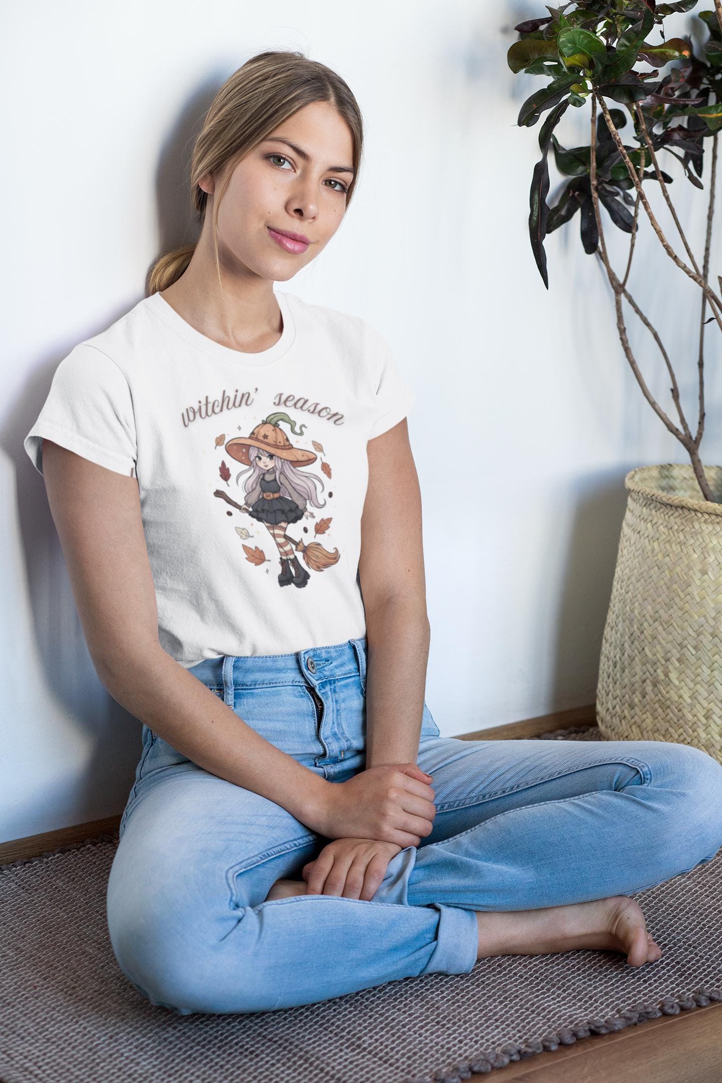 Kawaii Witch Sweatshirt: Pumpkin Hat, Autumn Leaves, Halloween Tee