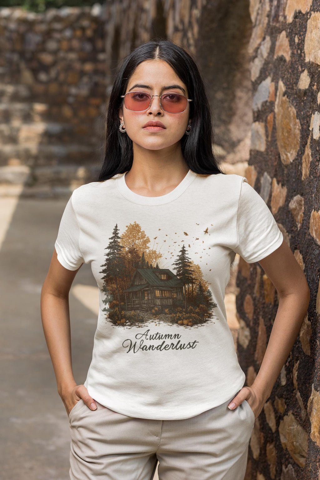 Autumn Cabin Landscape T-Shirt: Rustic Fall Design