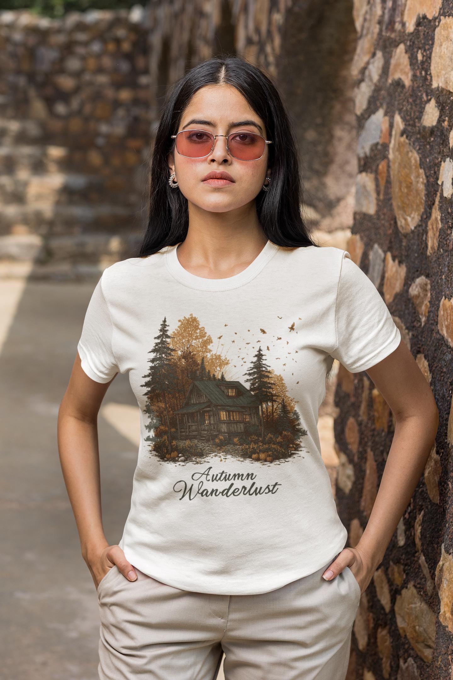 Autumn Cabin Landscape T-Shirt: Rustic Fall Design