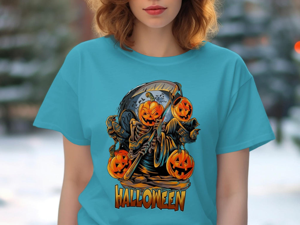 Halloween T-Shirt, Spooky Skeleton Pumpkins Graphic Tee, Festive Halloween Clothing, Fall Season Shirt, Halloween Party Top
