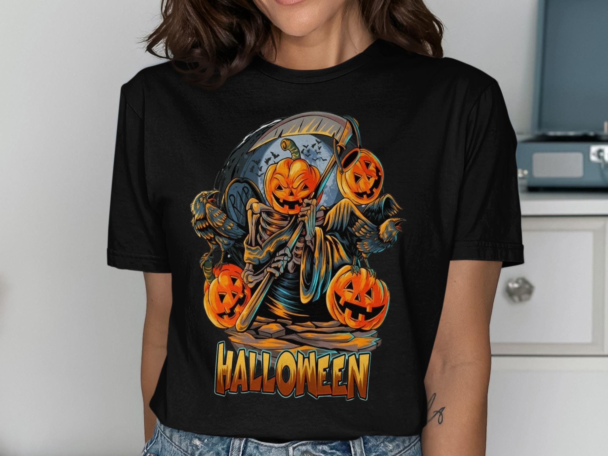 Halloween Pumpkin Grim Reaper T-Shirt, Spooky Halloween Shirt, Scary Pumpkin Tee, Halloween Costume, Funny Fall Shirt