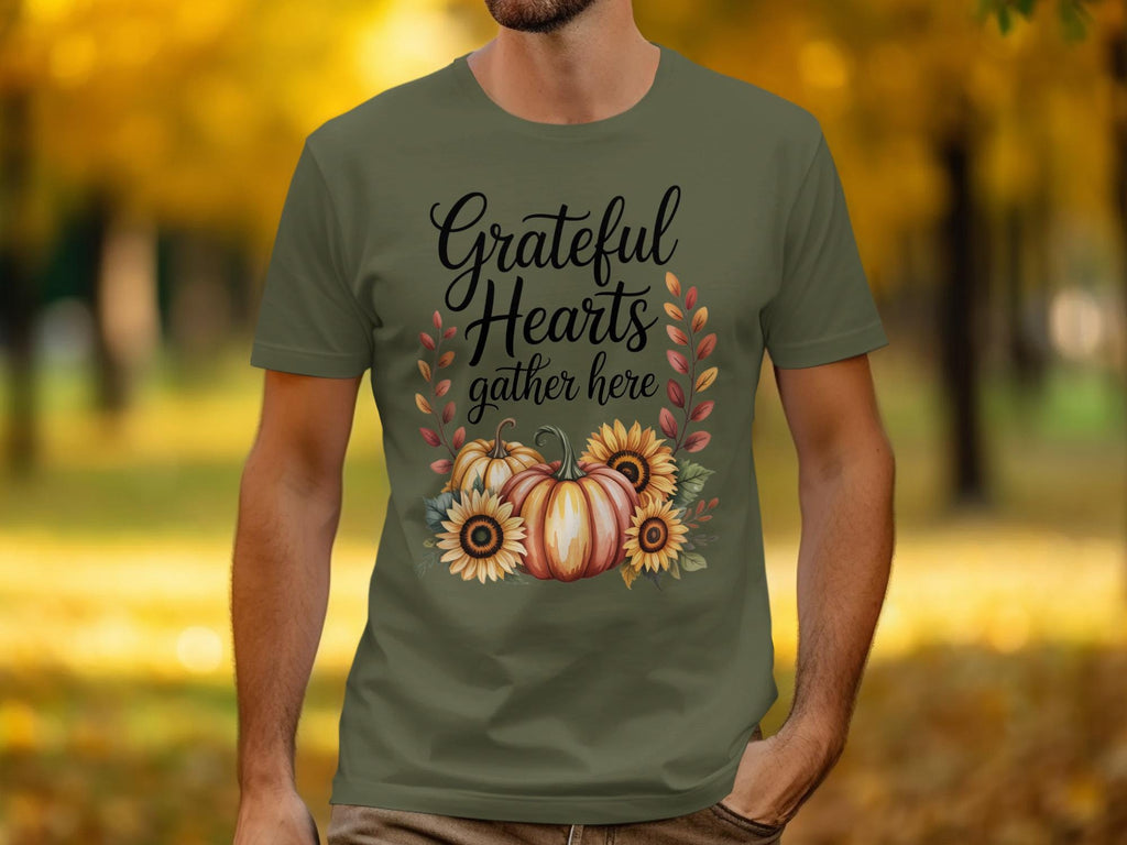 Grateful Hearts Gather Here Shirt, Fall Pumpkin Sunflower Tee, Thanksgiving Autumn T-Shirt, Seasonal Harvest Top