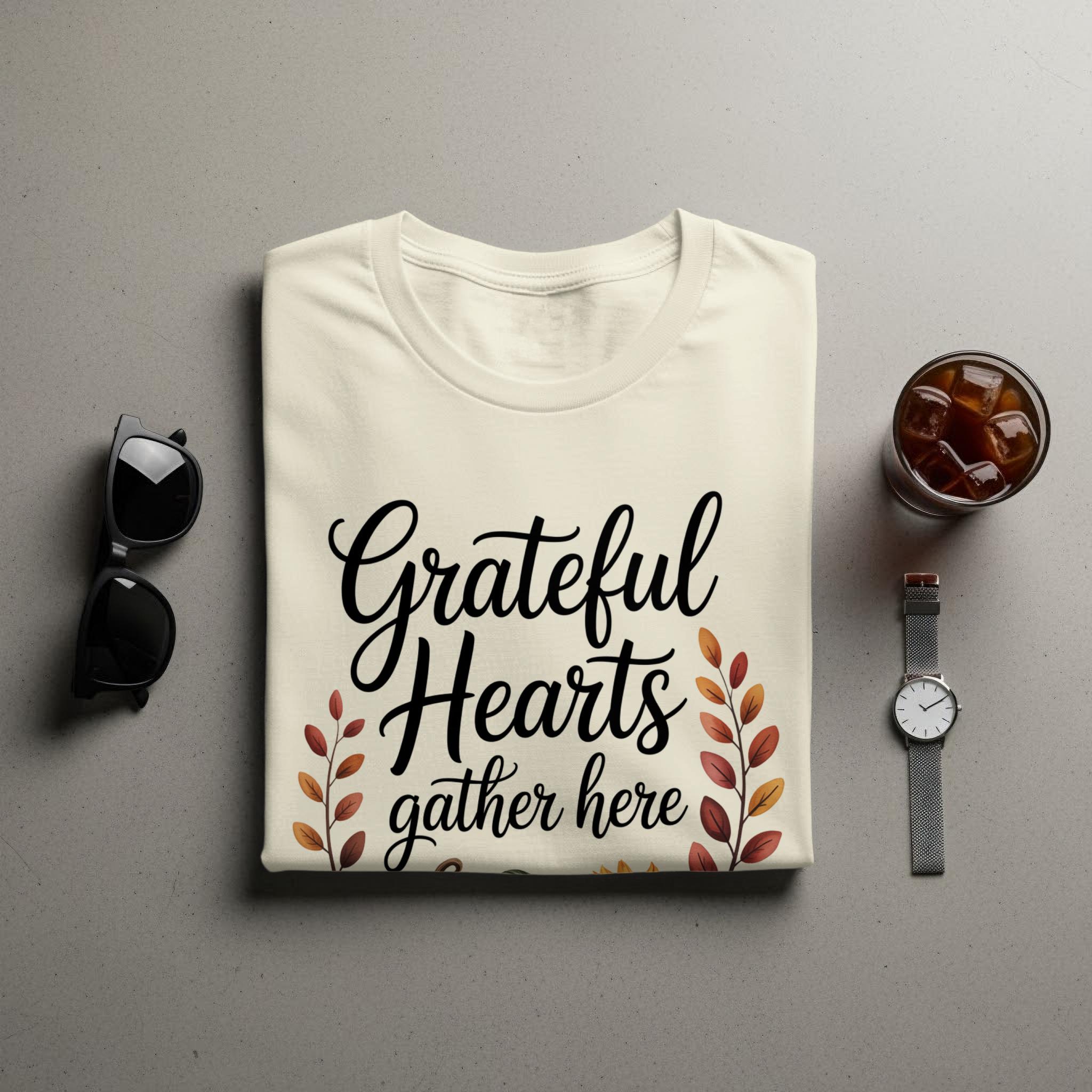 Grateful Hearts Gather Here T-shirt, Inspirational Quote Tee, Fall Autumn Leaf Design, Casual Unisex Top, Soft Cotton Shirt Gift