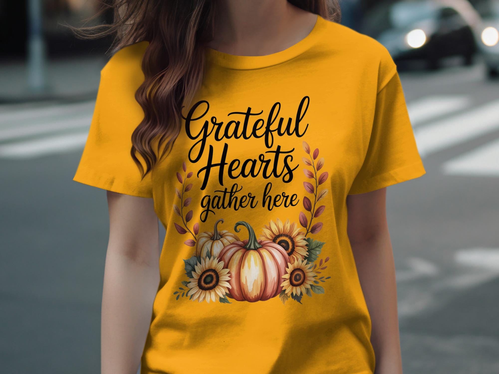 Grateful Hearts Gather Here Tshirt, Autumn Pumpkin Sunflower Shirt, Thanksgiving Season Tee, Fall Harvest Graphic Top