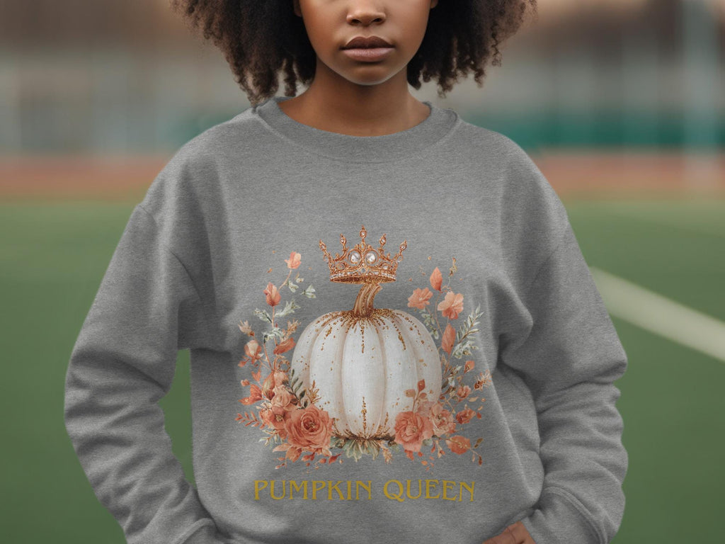 Pumpkin Queen sweatshirt, fall fashion, pumpkin and crown design, autumn hoodie, cozy season wear, floral pumpkin pullover