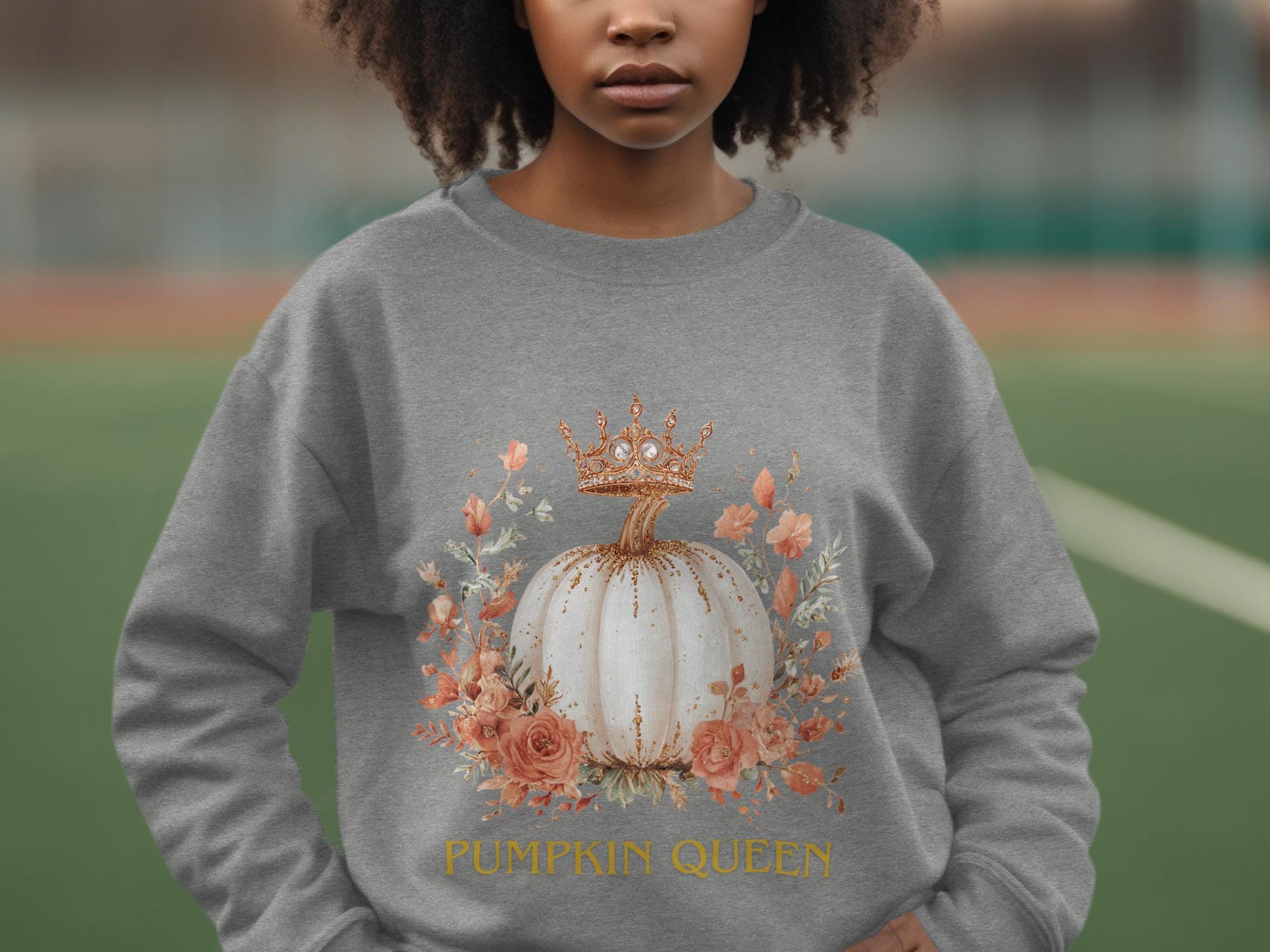 Pumpkin Queen sweatshirt, fall fashion, pumpkin and crown design, autumn hoodie, cozy season wear, floral pumpkin pullover