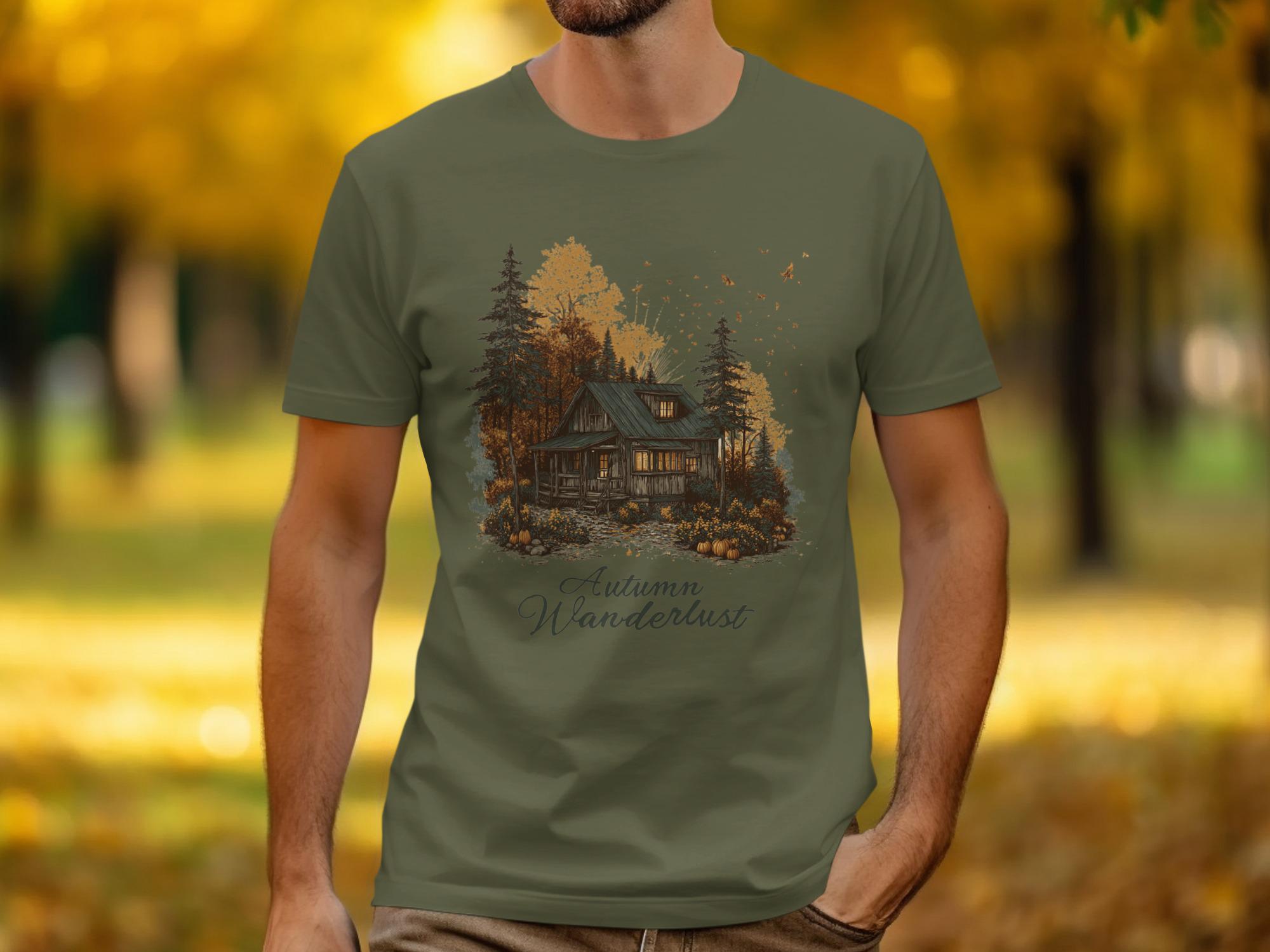 Autumn Wanderlust T-shirt, Rustic Cabin Graphic Tee, Fall Season Clothing, Cozy Nature Shirt, Outdoor Adventure Apparel