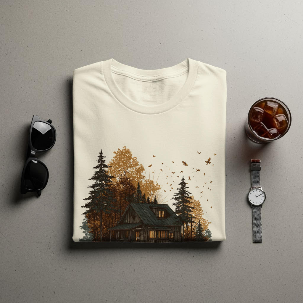 Cozy Cabin in the Woods Graphic Tee, Autumn Tree T-Shirt, Nature Lover Shirt, Fall Season Comfort Tee, Unisex Casual Top