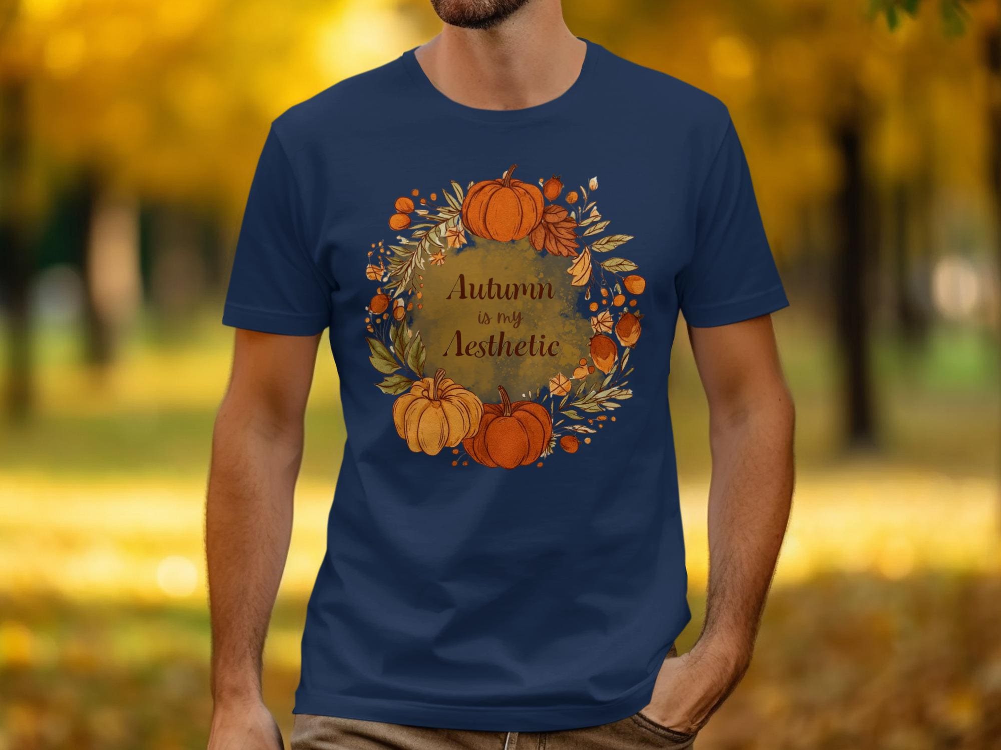 Autumn Aesthetic T-shirt, Fall Themed Graphic Tee, Pumpkin and Leaf Design, Seasonal Unisex Shirt, Cozy Autumn Apparel
