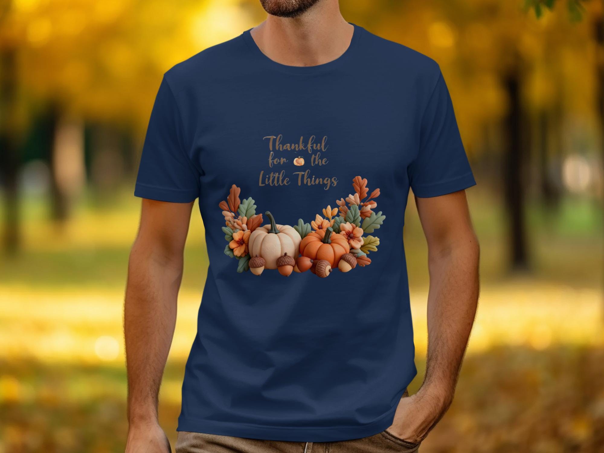 Thankful For The Little Things Shirt, Fall Pumpkin Acorn Leaves Graphic Tee, Autumn Thanksgiving T Shirt, Seasonal Holiday Apparel