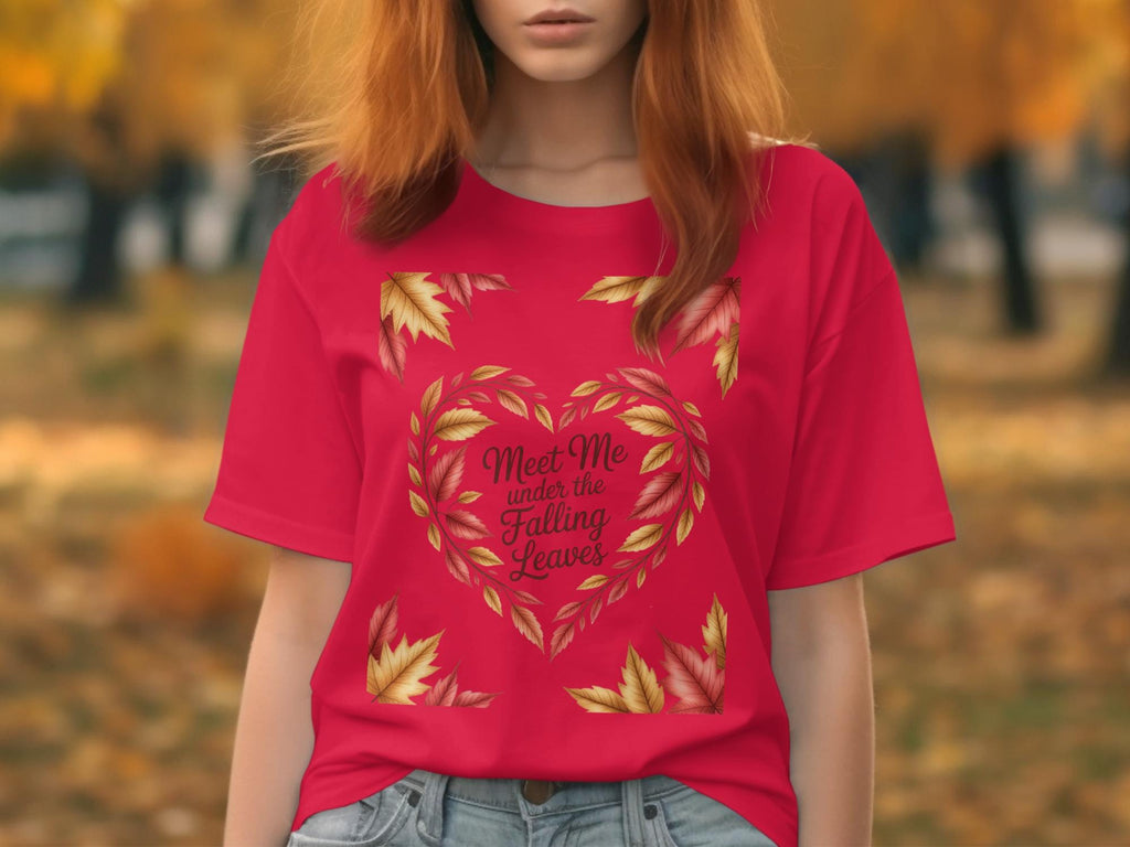 Meet Me Under The Falling Leaves Heart Tshirt, Autumn Leaf Design Shirt, Fall Season Casual Tee, Cozy Autumn Outfit