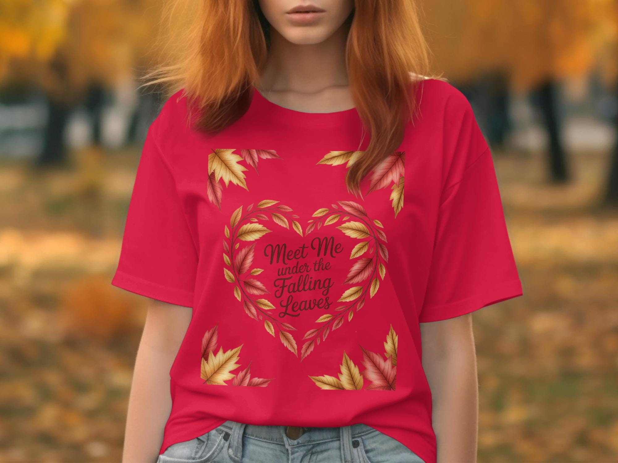 Meet Me Under The Falling Leaves Heart Tshirt, Autumn Leaf Design Shirt, Fall Season Casual Tee, Cozy Autumn Outfit
