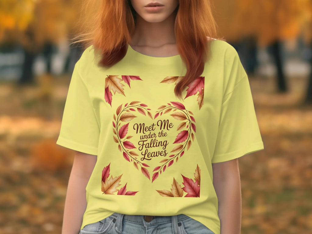 Fall Leaf Graphic Tee, Autumn Meet Me Under The Falling Leaves Shirt, Seasonal Fall Outfit, Thanksgiving Graphic T-Shirt