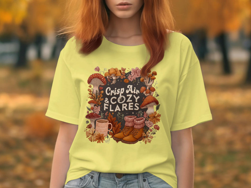 Crisp Air and Cozy Flares Shirt, Autumn Season Graphic Tee, Fall Vibes T-Shirt, Cute Mushroom Design, Cozy Autumn Outfit