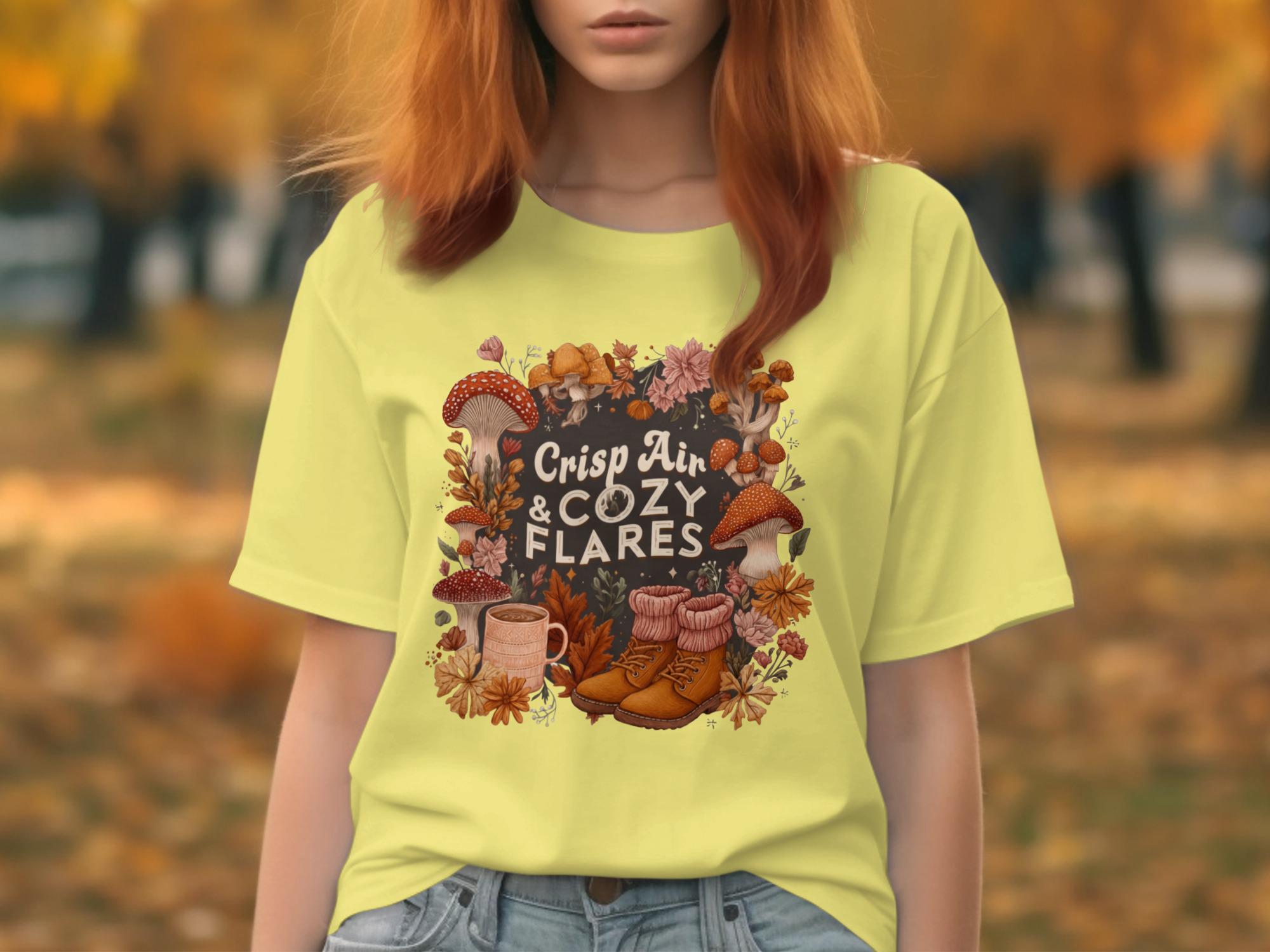 Crisp Air and Cozy Flares Shirt, Autumn Season Graphic Tee, Fall Vibes T-Shirt, Cute Mushroom Design, Cozy Autumn Outfit