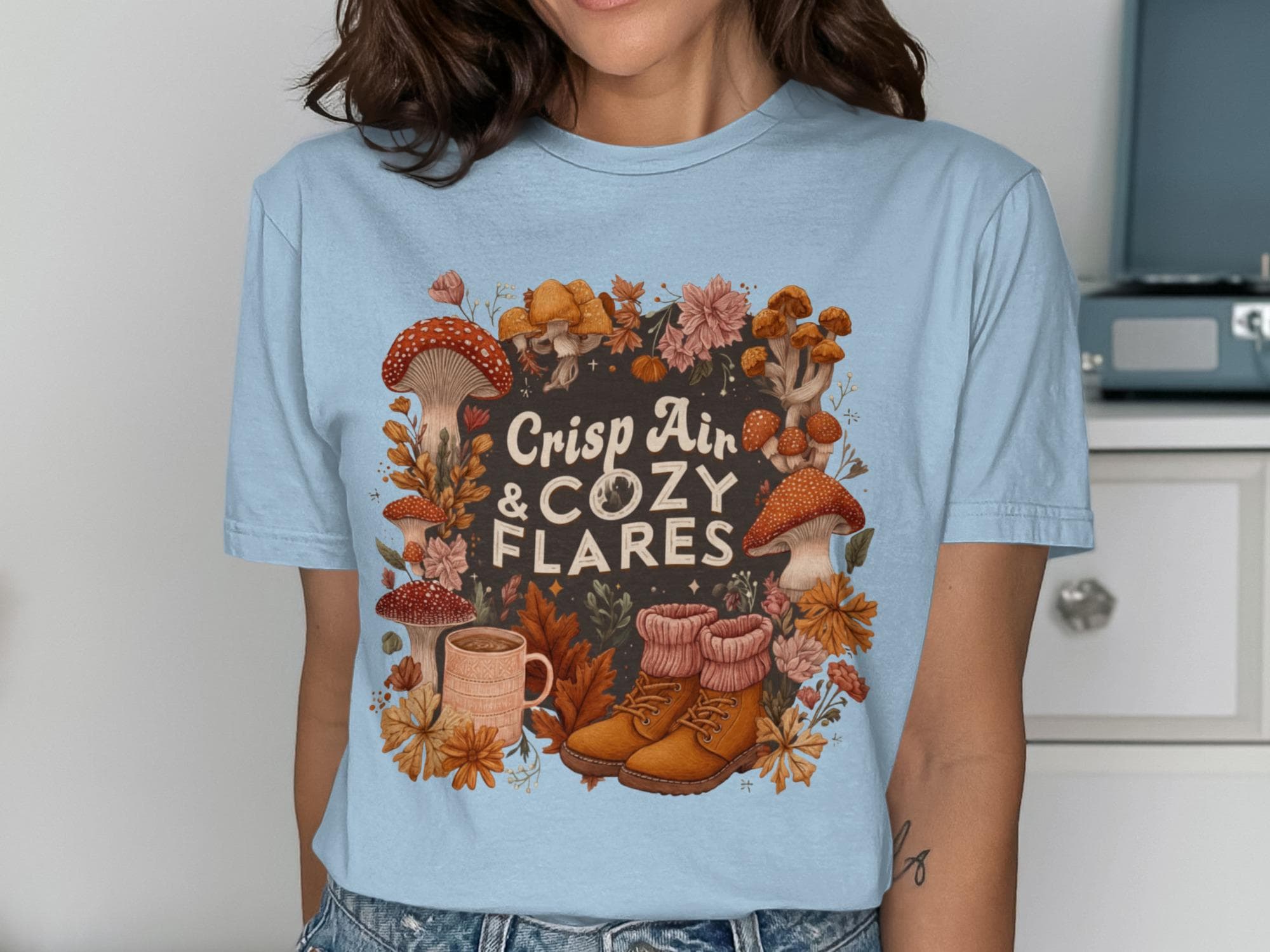 Crisp Air Cozy Flares T-Shirt, Fall Vintage Graphic Tee, Autumn Themed Shirt, Cozy Weather Top, Pumpkin Spice Shirt, Retro Fall Tee