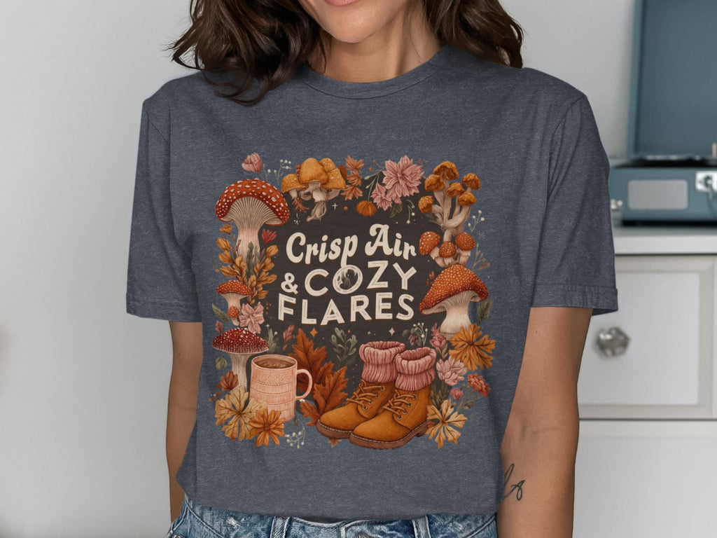 Crisp Air and Cozy Flares Graphic Tee, Fall Vibes Shirt, Autumn Season T-Shirt, Casual Cozy Outfit, Cute Mushroom Design Top