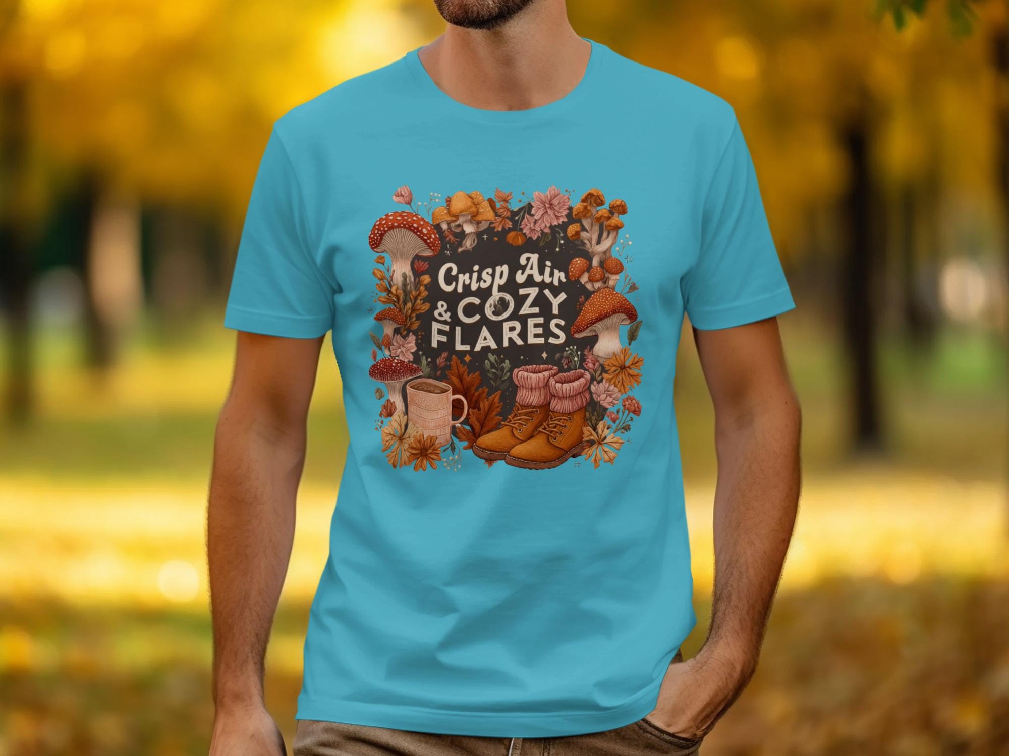 Crisp Air and Cozy Flare Graphic Tee, Autumn Vibes T-Shirt, Fall Season Casual Wear, Nature Inspired Top, Outdoor Lovers Shirt