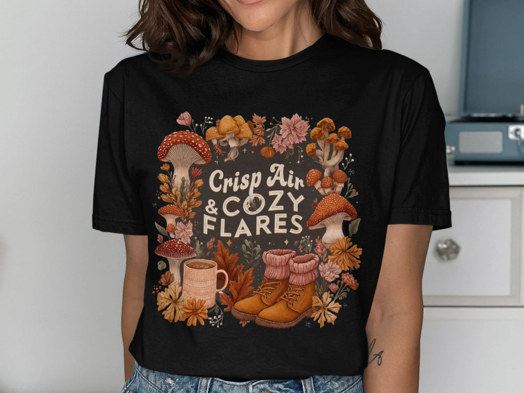 Crisp Air and Cozy Flares Shirt, Autumn Aesthetic Tee, Fall Season Graphic T-shirt, Cozy and Warm Autumn Outfit, Fall Vibes Shirt