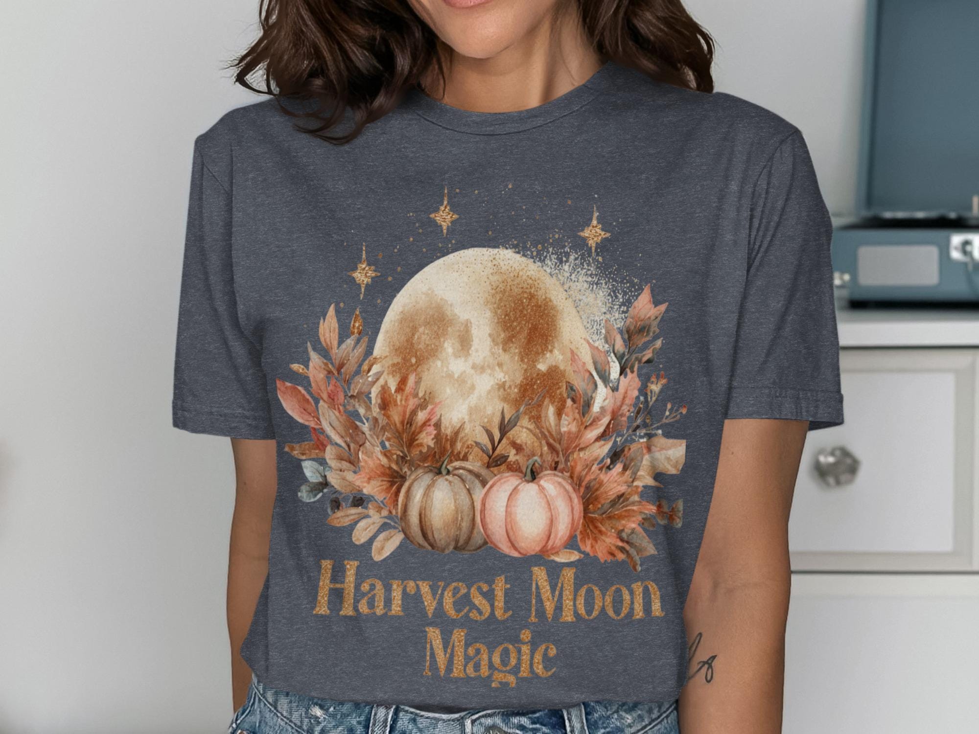 Harvest Moon Magic Graphic Tee, Autumn Moon Shirt, Fall Pumpkin T-Shirt, Cozy Autumn Apparel, Witchy Fall Vibes Shirt