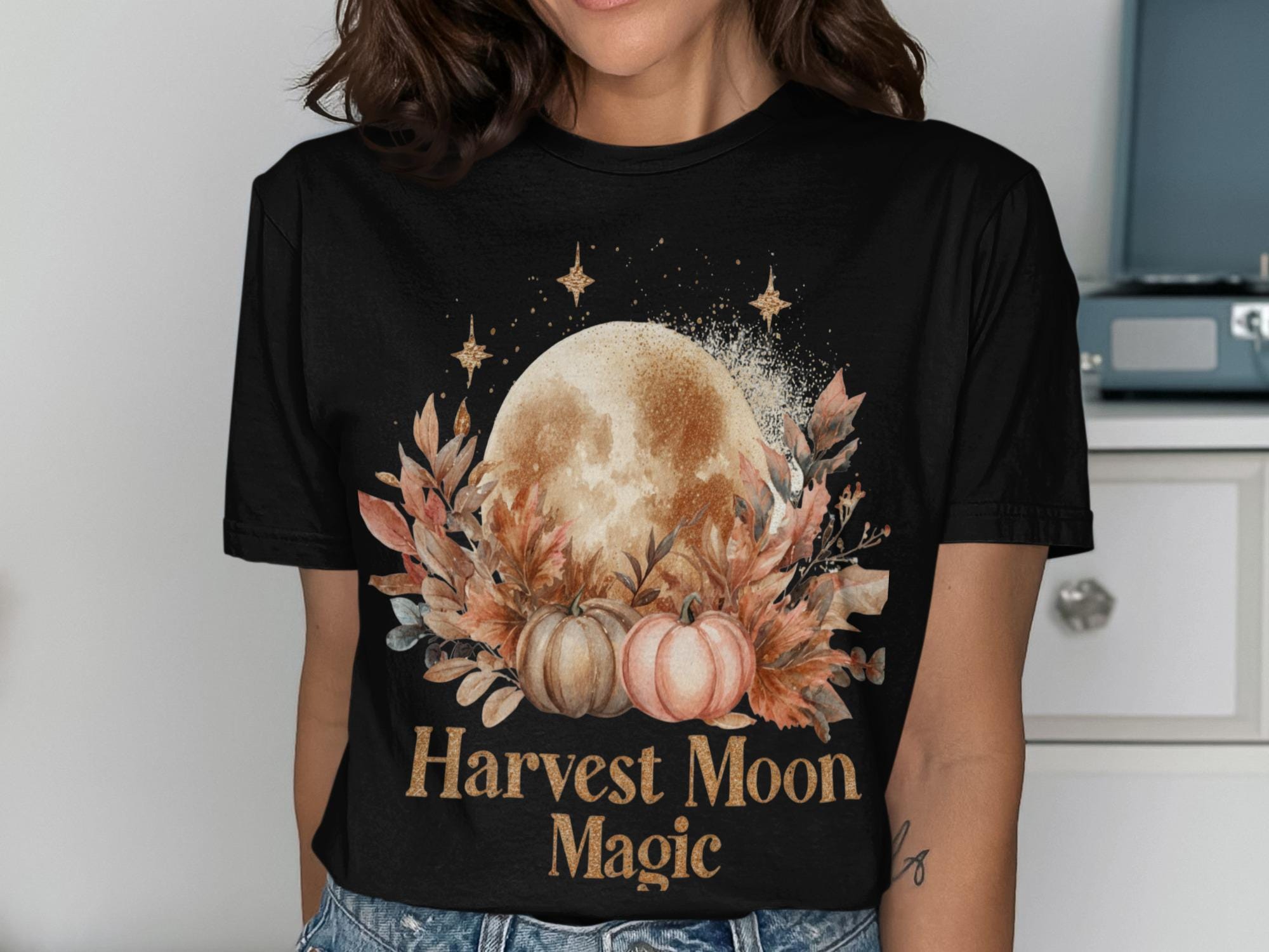 Harvest Moon Magic T-Shirt, Autumn Moon Graphic Tee, Fall Pumpkin Shirt, Cozy Seasonal Apparel, Halloween Fall Fashion Top