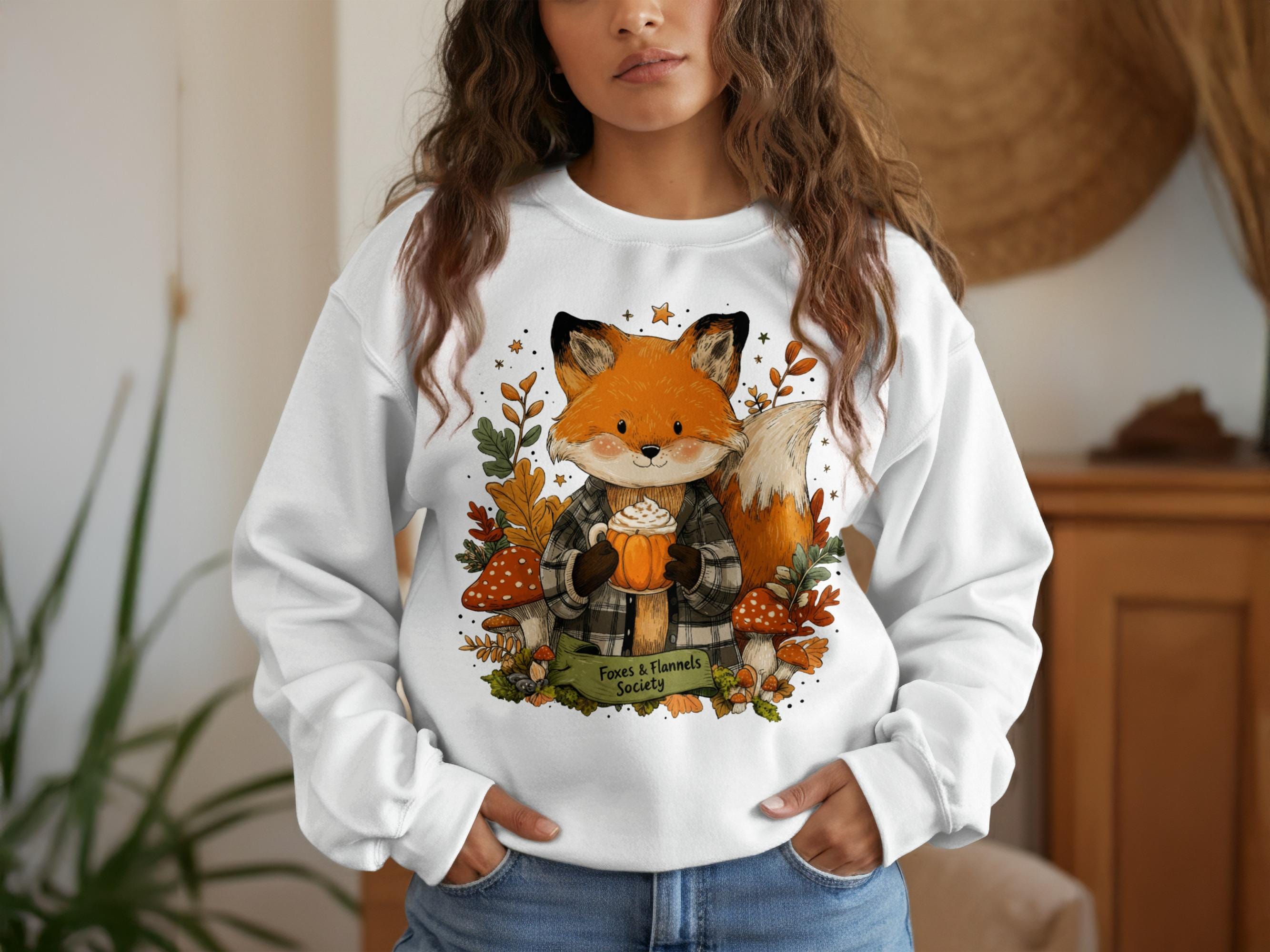 Cute Fox with Coffee Autumn Sweatshirt, Cozy Fall Animal Pullover, Kawaii Cozy Sweater, Fox Lover Gift, Fall Themed Apparel