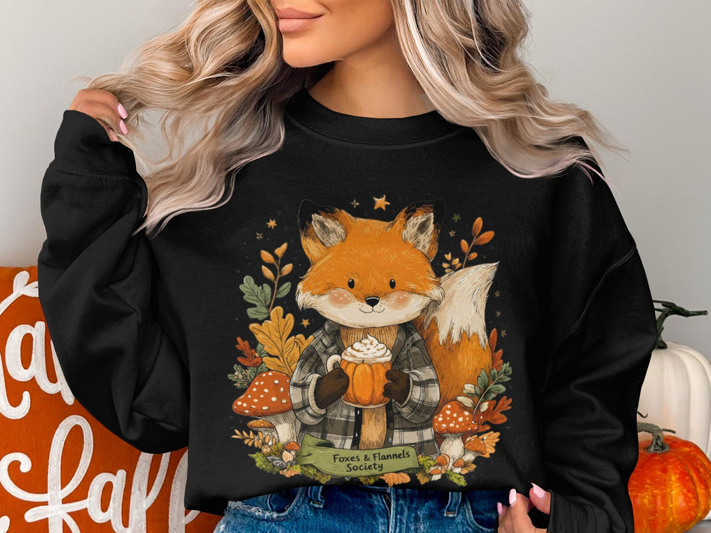 Fox and Flannels Society Sweatshirt, Cute Fox Drink Print, Cozy Autumn Pullover, Fall Themed Clothing, Seasonal Apparel for Women