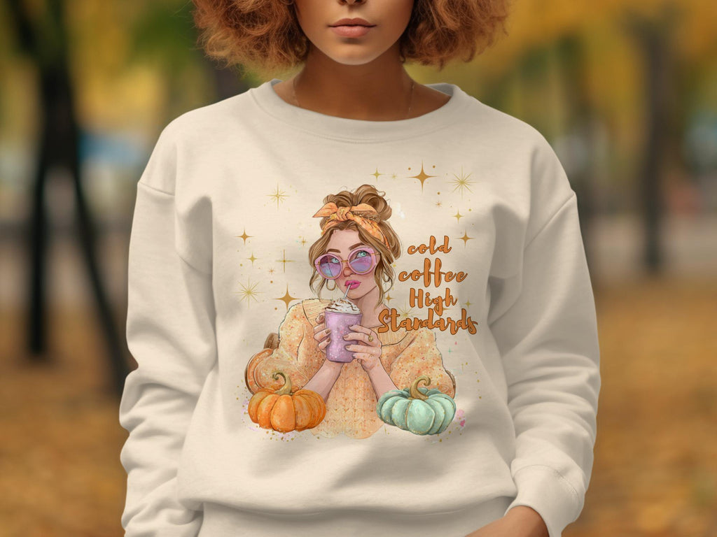 Cozy Fall Sweatshirt, Autumn Coffee Lover Gift, Cute Pumpkin Design, Trendy Graphic Sweater, Cold Coffee High Standards Shirt