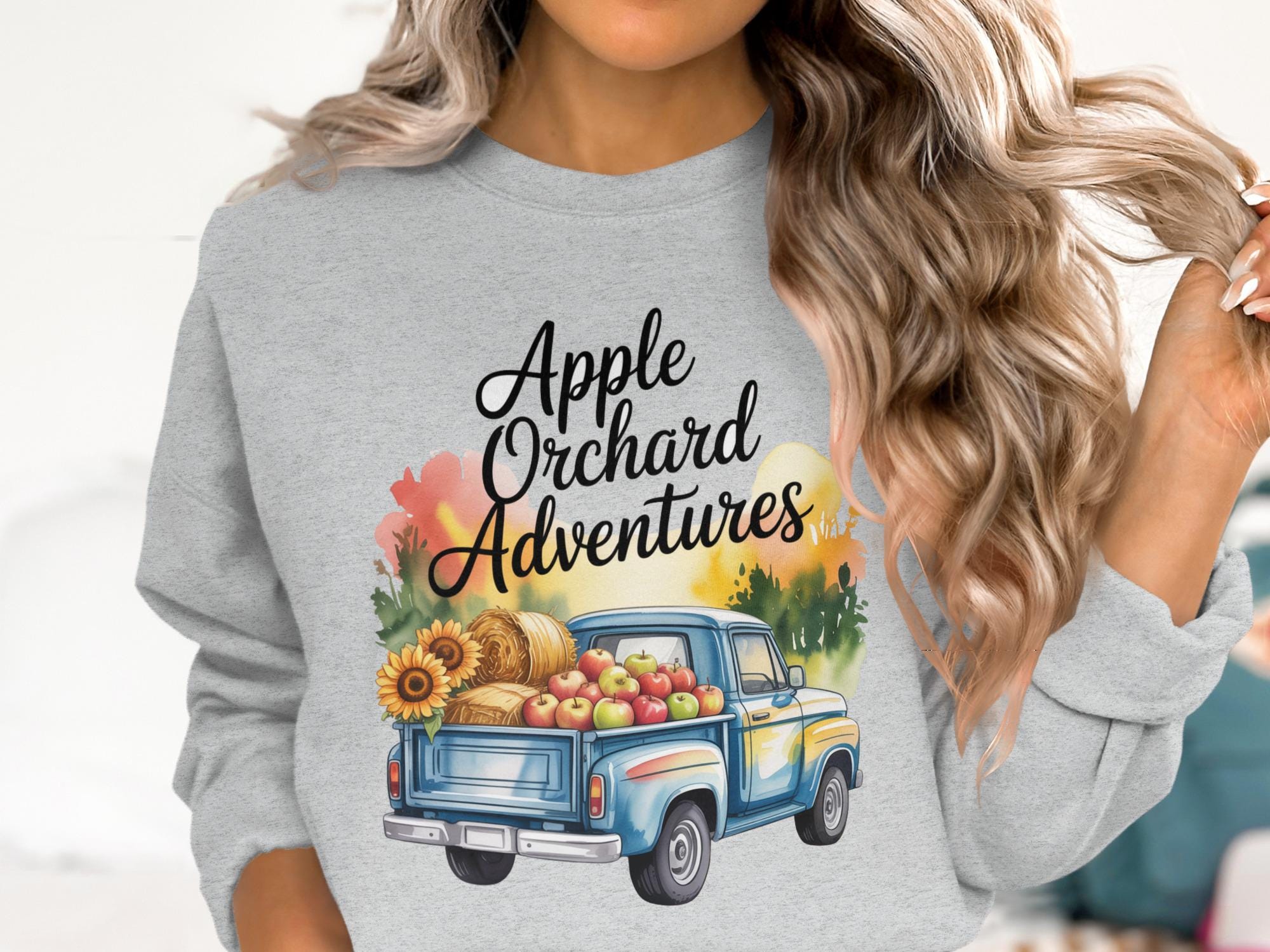 Apple Orchard Adventures Sweatshirt, Vintage Truck Graphic Pullover, Fall Themed Cozy Sweatshirt for Women, Cute Autumn Sweatshirt