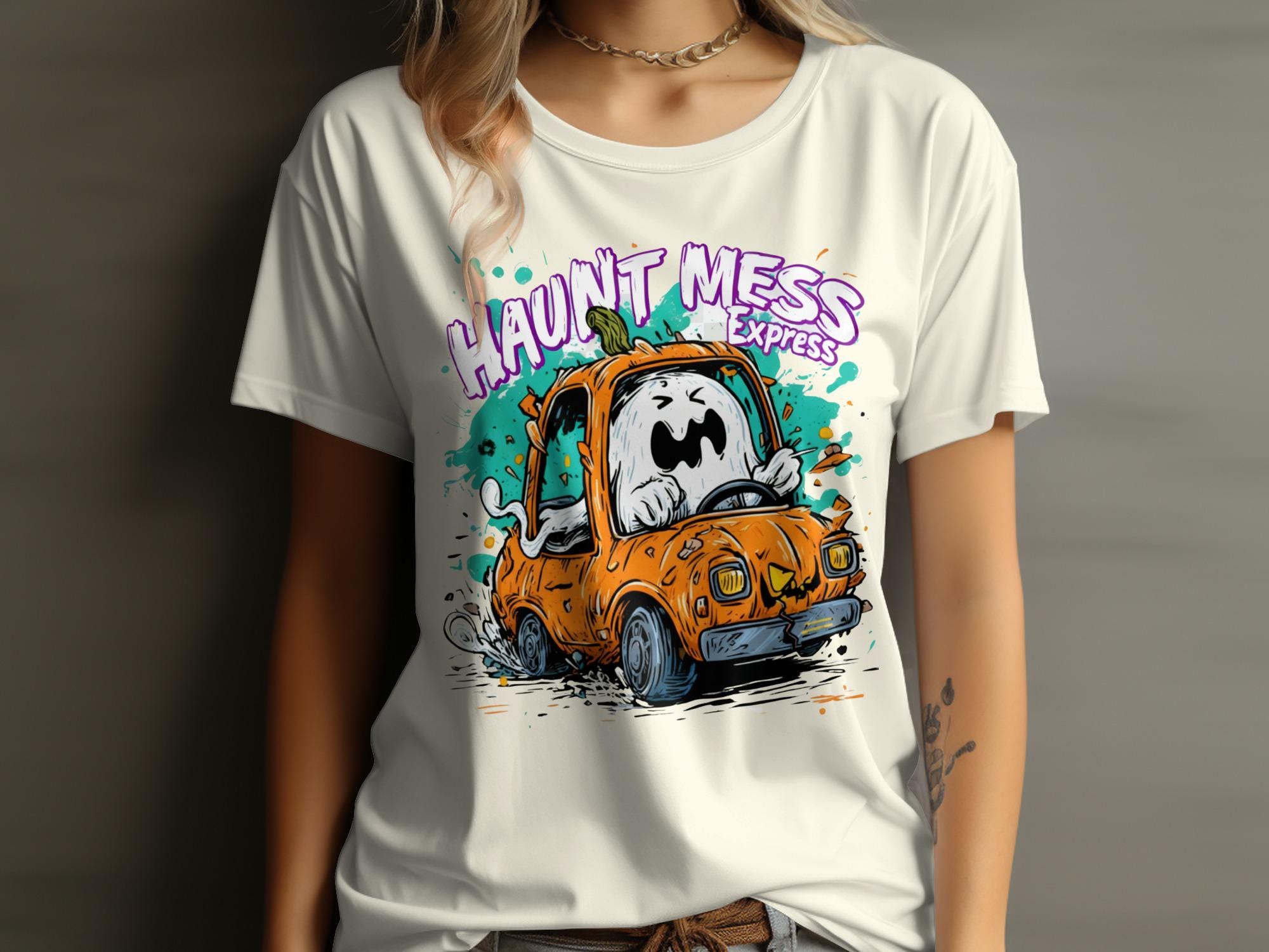 Halloween Haunted Car T-shirt, Funny Ghost Tee, Cute Halloween Graphic Shirt, Pumpkin Car Design, Spooky Season Top for Women