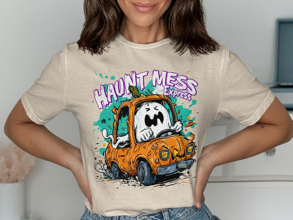 Haunt Mess Express graphic tee, spooky vintage Halloween shirt, cute ghost in pumpkin car, fun casual Halloween top