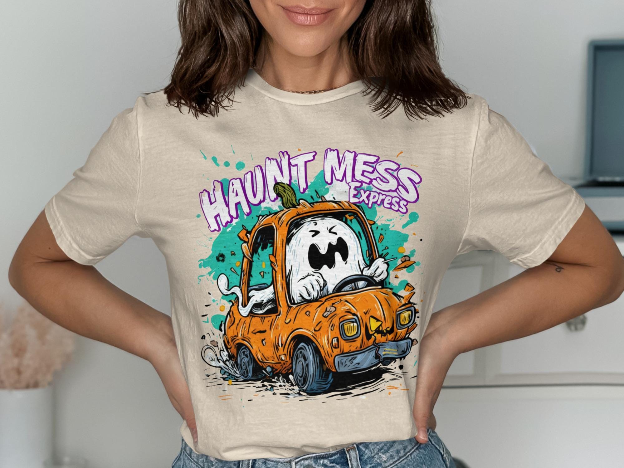 Haunt Mess Express graphic tee, spooky vintage Halloween shirt, cute ghost in pumpkin car, fun casual Halloween top