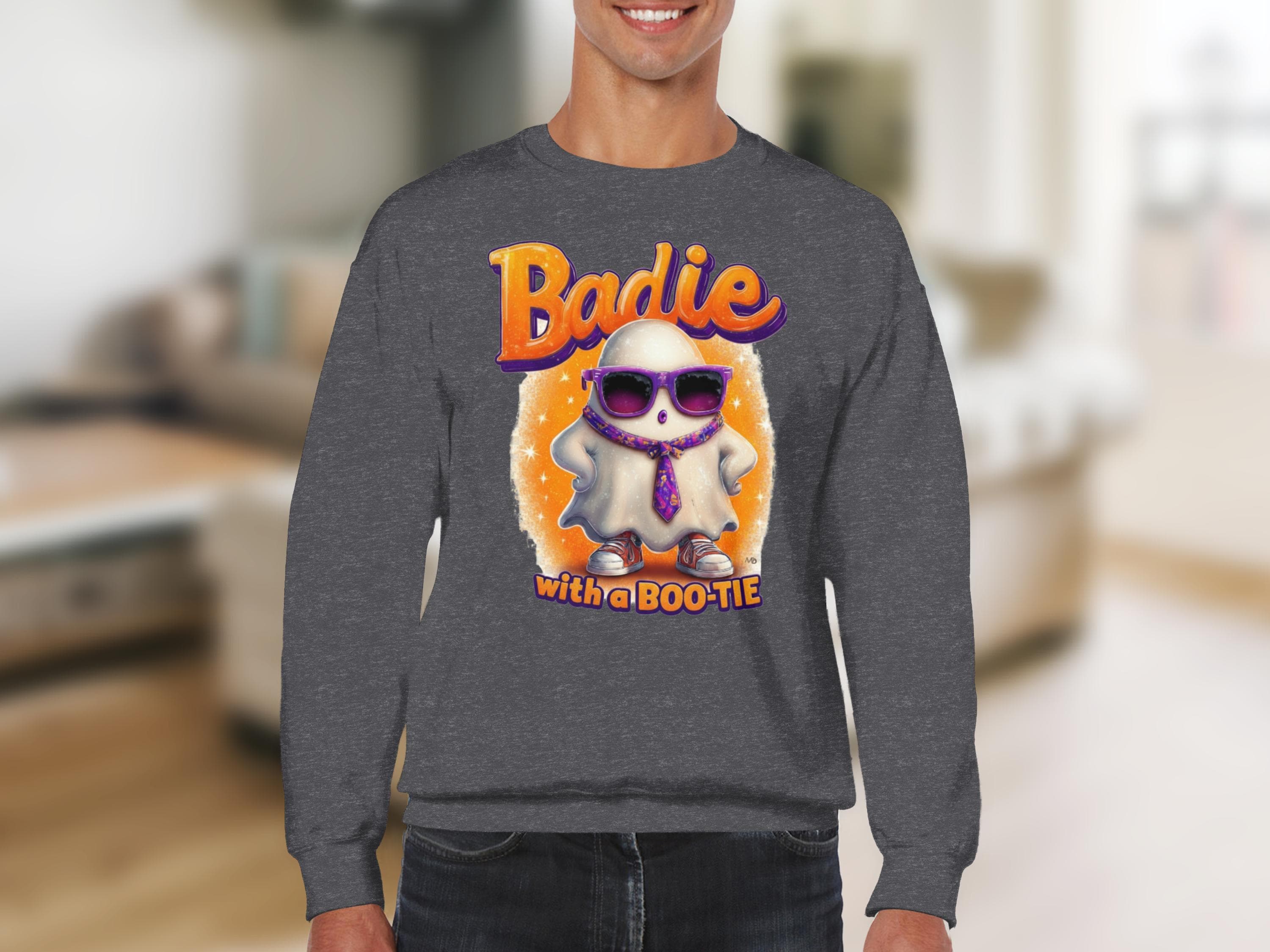 Cute Ghost Halloween Sweatshirt, Badie with a Boo-Tie Graphic Pullover, Fun Halloween Party Apparel, Spooky Season Sweater