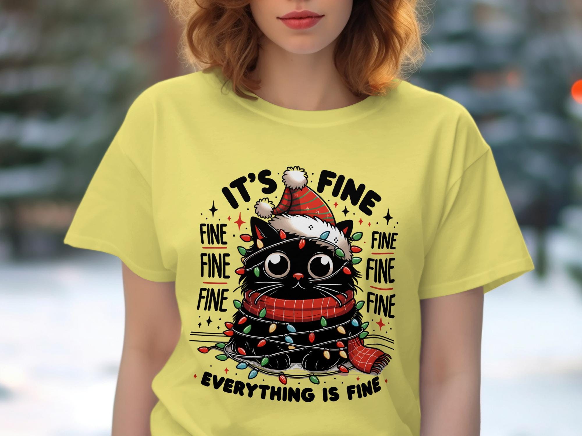 Funny Christmas Cat T-Shirt, Holiday Cat Shirt, Cute Cat Graphic Tee, It&#39;s Fine Everything is Fine Cat Design Shirt
