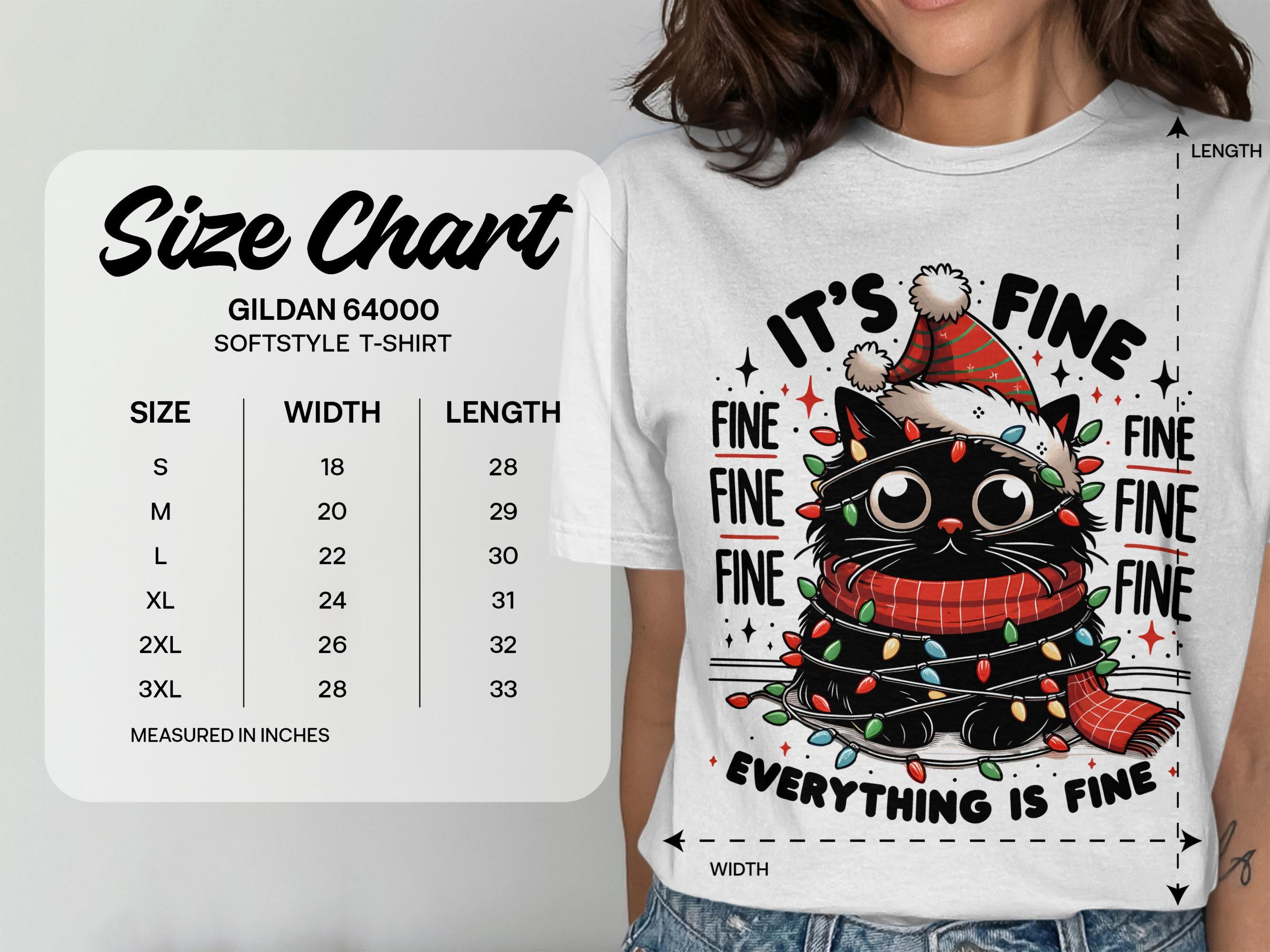 Christmas Cat Shirt, Cute Cat In Lights, Funny Cat Holiday Tee, It&#39;s Fine Everything Is Fine Shirt, Cat Lovers Christmas Gift