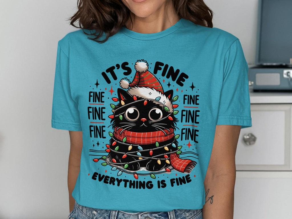 Cat Christmas T-Shirt, Cute Holiday Tee, Funny Cat Shirt, Everything is Fine Cat, Christmas Lights Cat Shirt, Holiday Gift Idea