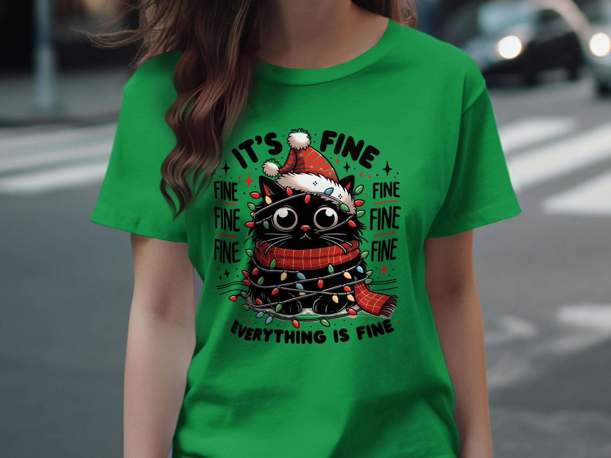 It&#39;s Fine Cat Christmas Shirt, Cute Cat in Lights Holiday Tee, Funny Cat Lover Gift, Everything is Fine Xmas Shirt